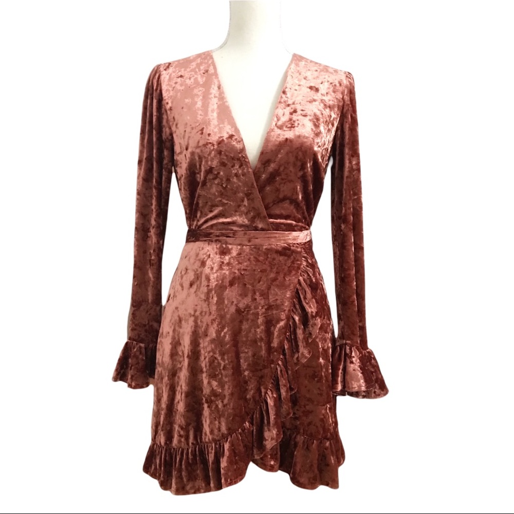 STORIA PINK RUFFLE VELVET WRAP MINI PARTY DRESS - SMALL